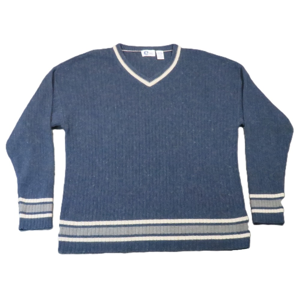 Vintage 90s Y2k Arizona Sweater Men XL‎ Blue Ribbed Cable Knit Striped Silk Wool